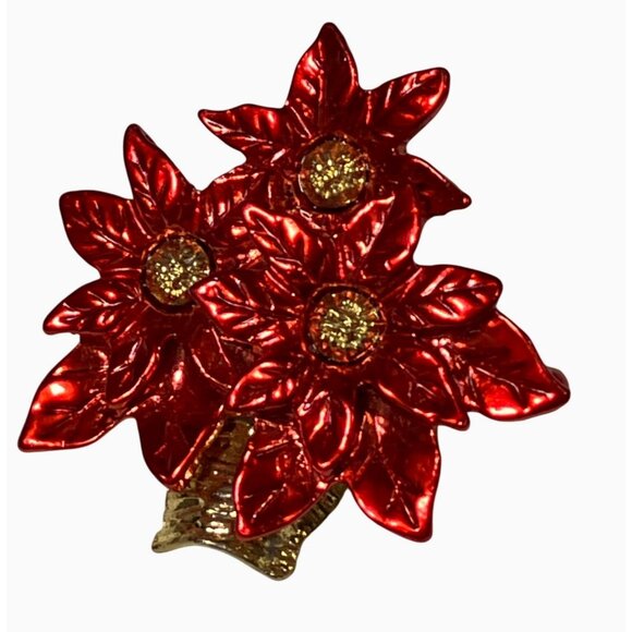 Red Poinsettia Flower Brooch Pin Gold-Tone Metal Festive Holiday Jewelry - Picture 4 of 8